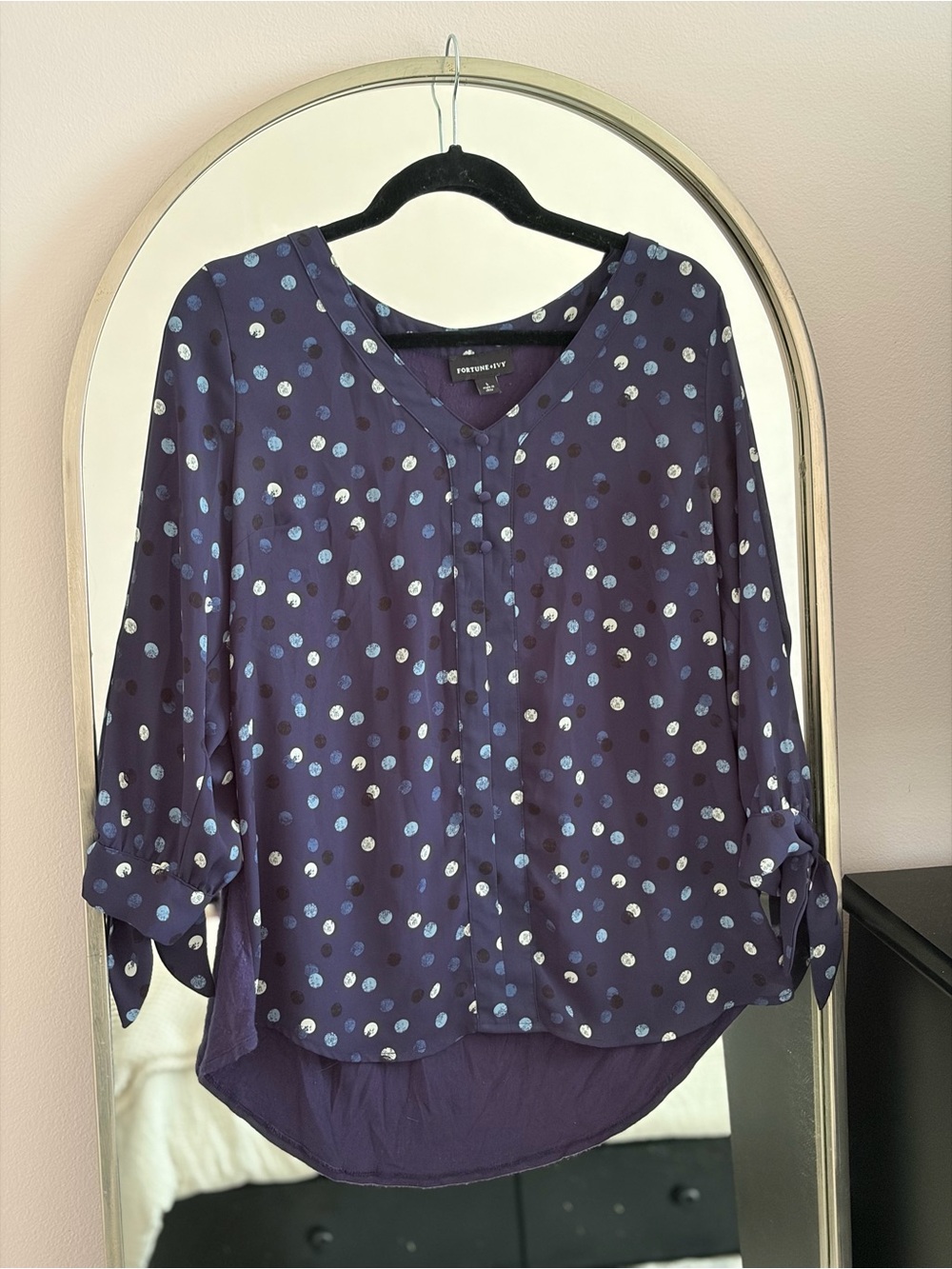 Worthington Navy Polka Dot Button-Front Blouse